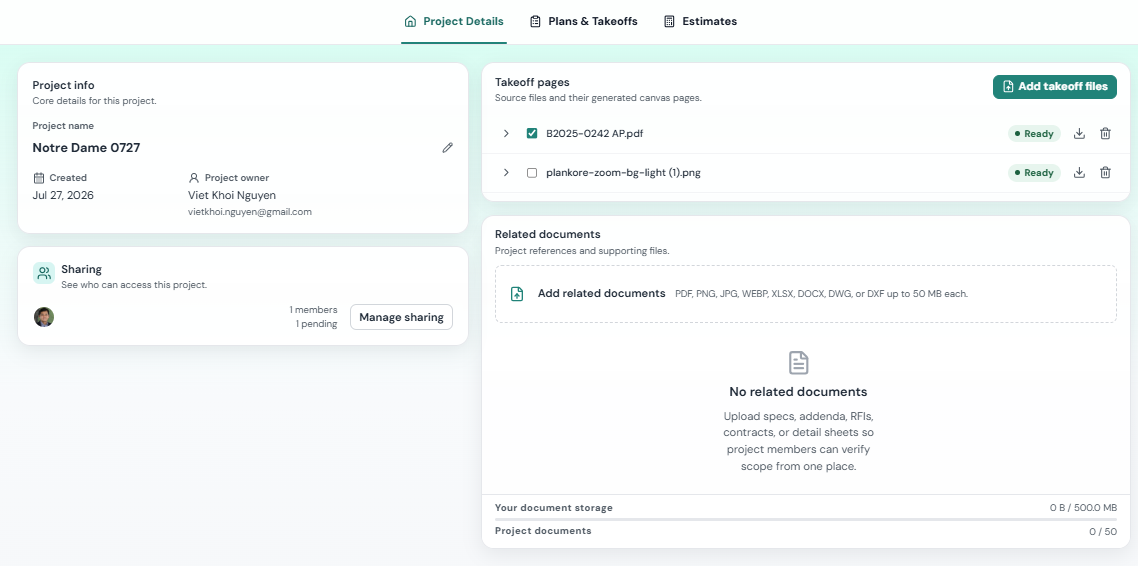 Plankore Core project details page showing project info, uploaded takeoff files marked ready, related documents, and sharing controls listing project members