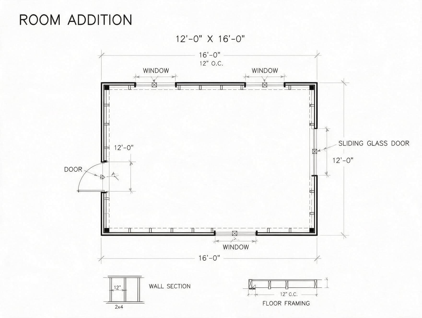 Floor plan for a 12-foot by 16-foot room addition showing three windows, a door, a sliding glass door, wall section, and floor framing details