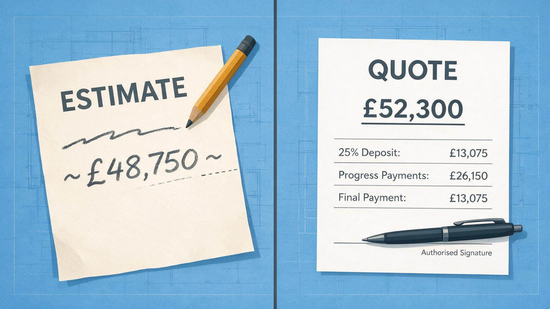 Side-by-side comparison of a construction estimate with a flexible price range and a signed contractor quote with a fixed total and payment schedule