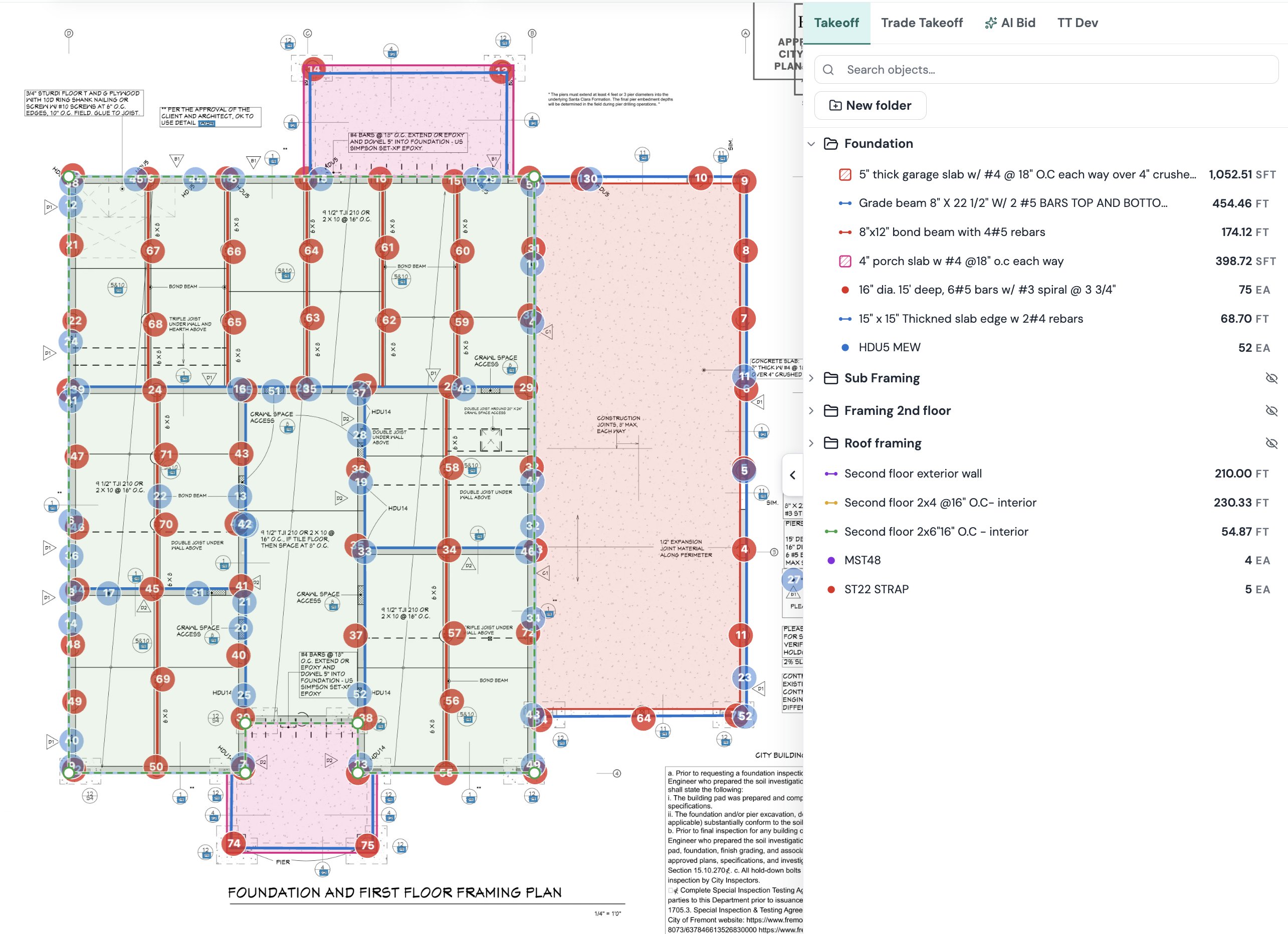 A foundation takeoff open in the Plankore portal: slabs, grade beams, bond beams and piers marked up on the foundation plan, with each item listed in the Takeoff panel