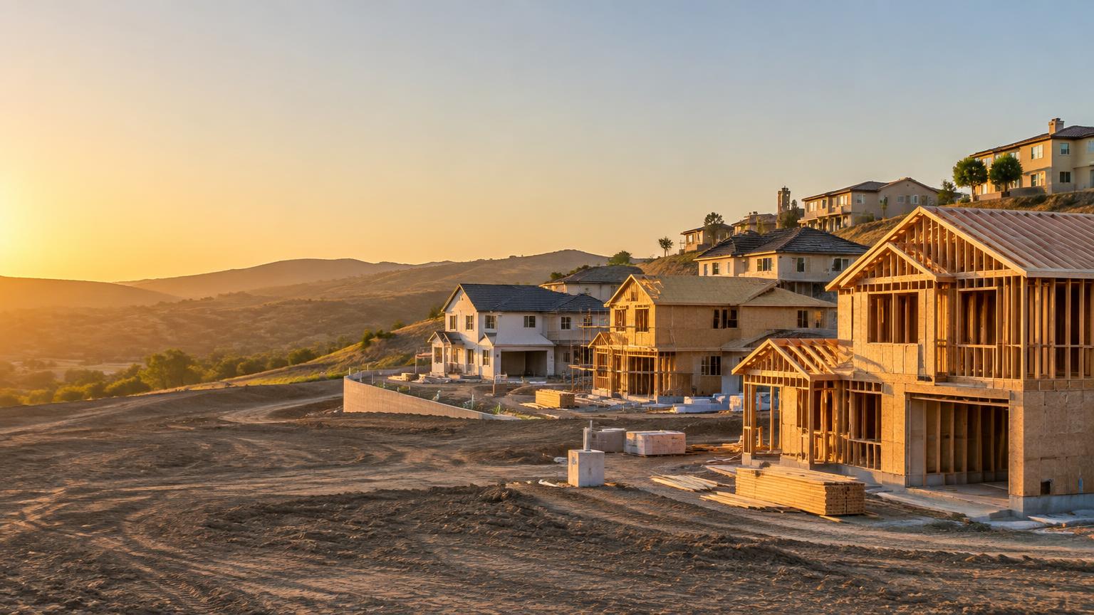 A hillside subdivision at golden hour with houses at every stage of construction