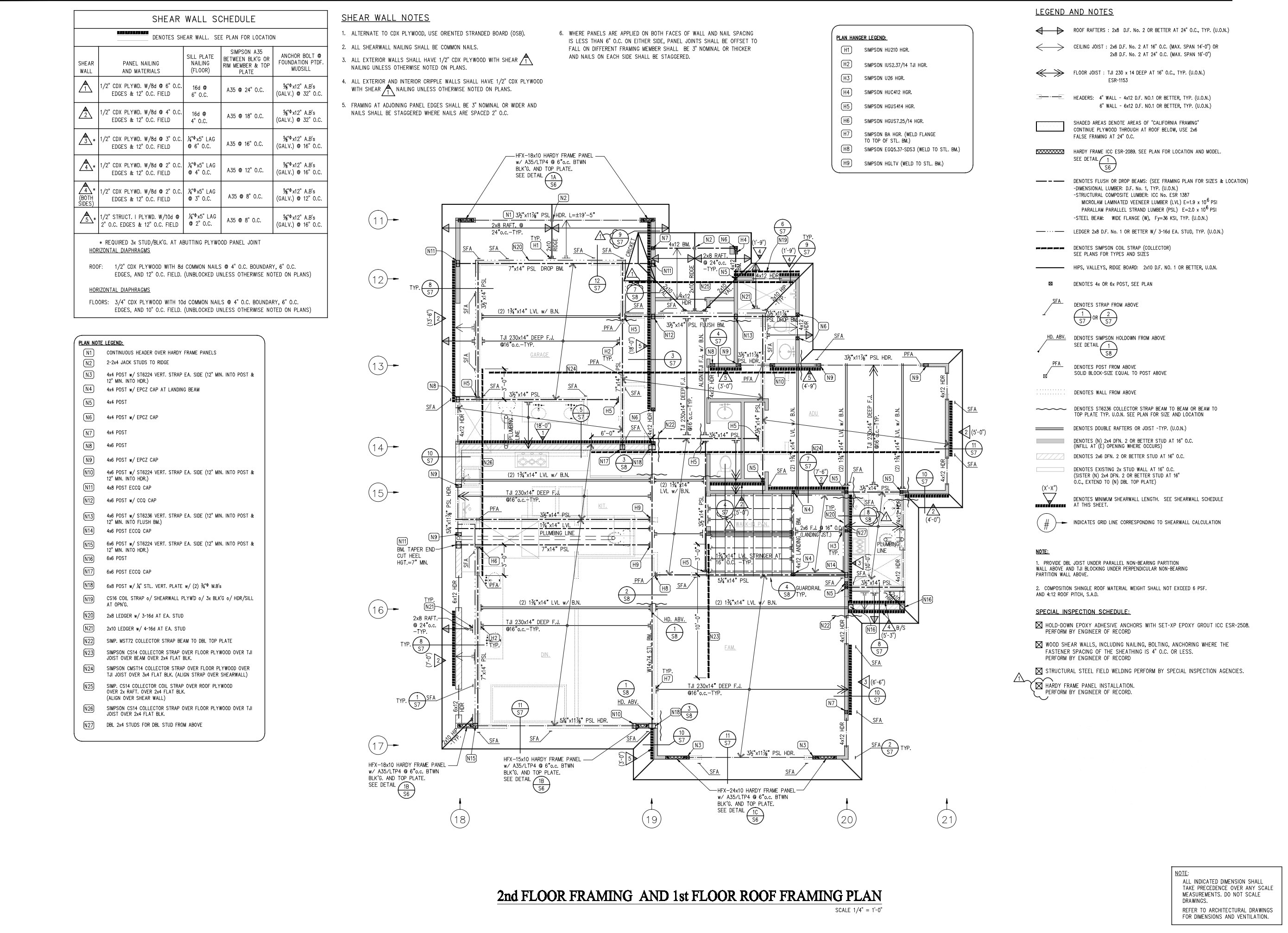 Structural permit sheet: second floor framing plan with the shear wall schedule and framing notes