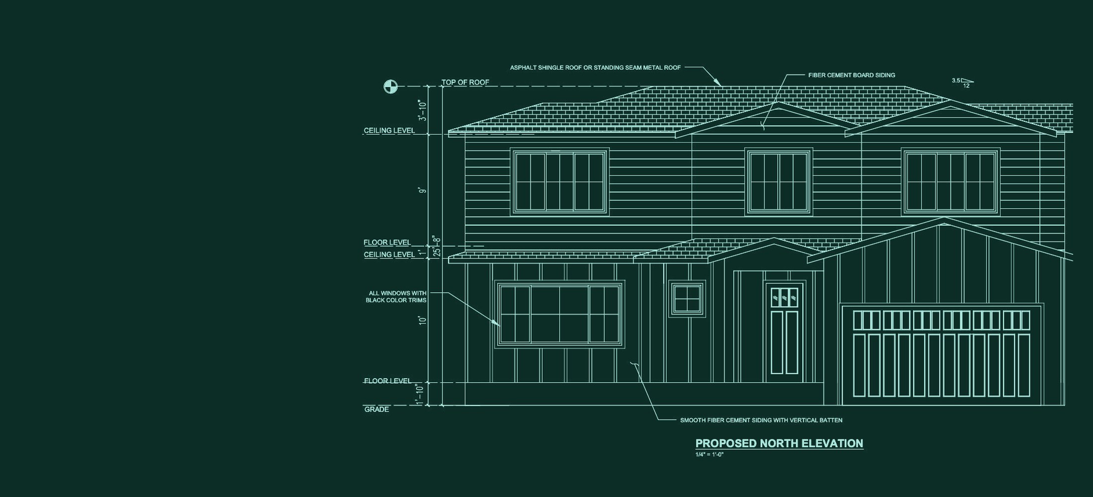 A permit drawing of a two-story house, north elevation, in CAD linework