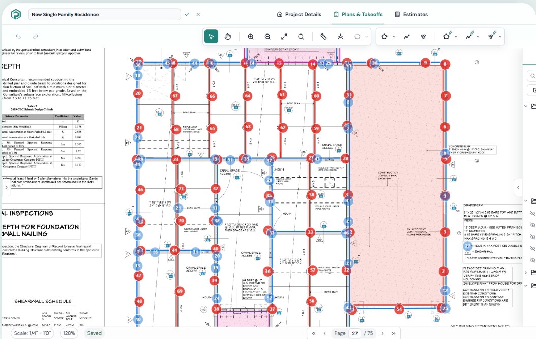 A foundation takeoff open in the Plankore portal: footings, piers and walls marked up on the plan page