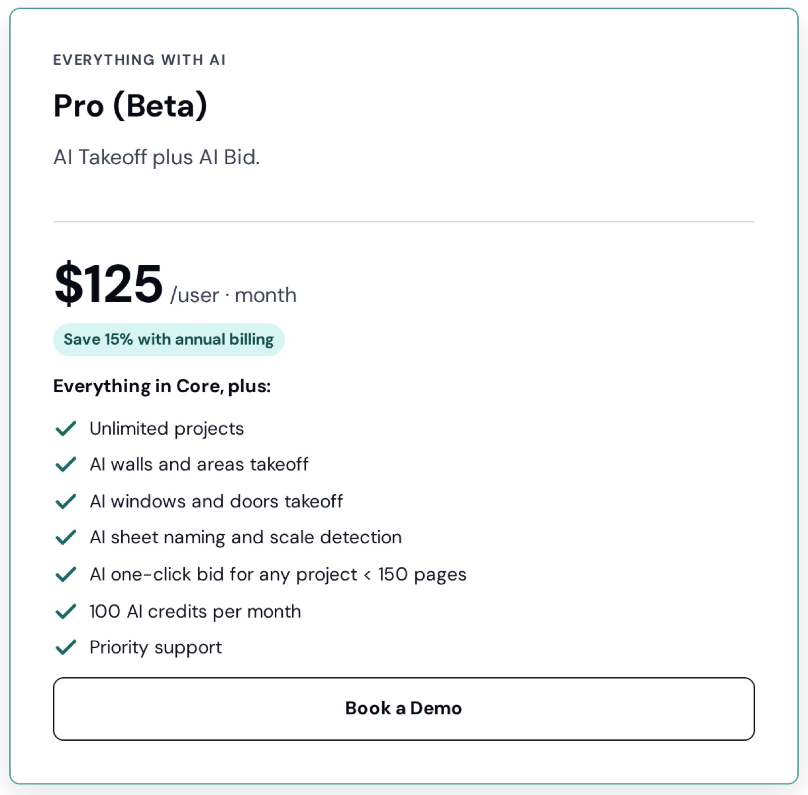 The Pro (Beta) plan card: Everything in Core, plus unlimited projects, AI walls and areas takeoff, AI windows and doors takeoff, AI sheet naming and scale detection, AI one-click bid, 100 AI credits per month, priority support