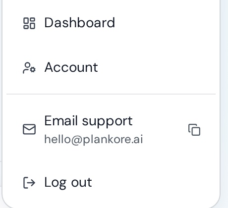 The user menu with Dashboard, Account, Email support and Log out