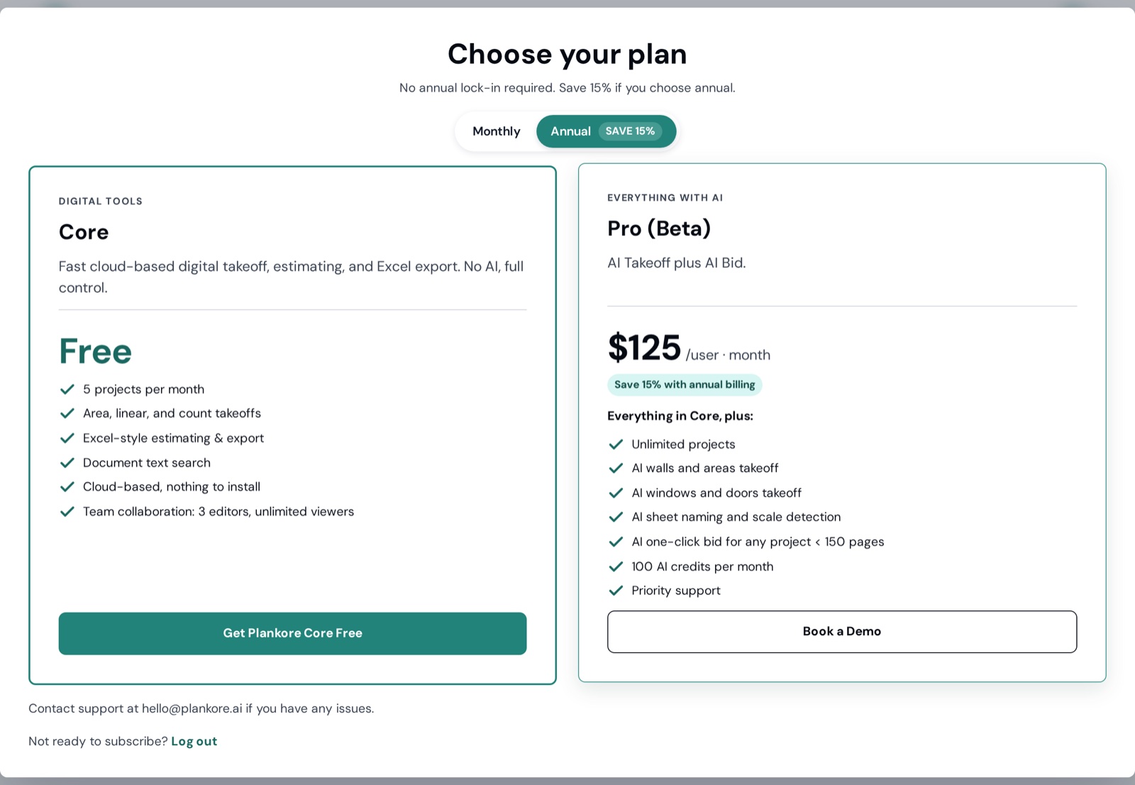 Choose your plan: Core (Free — 5 projects per month, area/linear/count takeoffs, Excel-style estimating, document text search, 3 editors) next to Pro (Beta) ($125/user·month, everything in Core plus AI takeoff, AI bid, 100 AI credits per month, priority support)