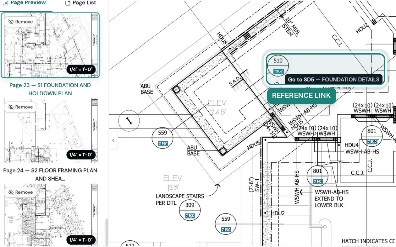 AI navigation results: a name and a scale on every page in Page Preview, and a Go to SD5 reference link on the plan