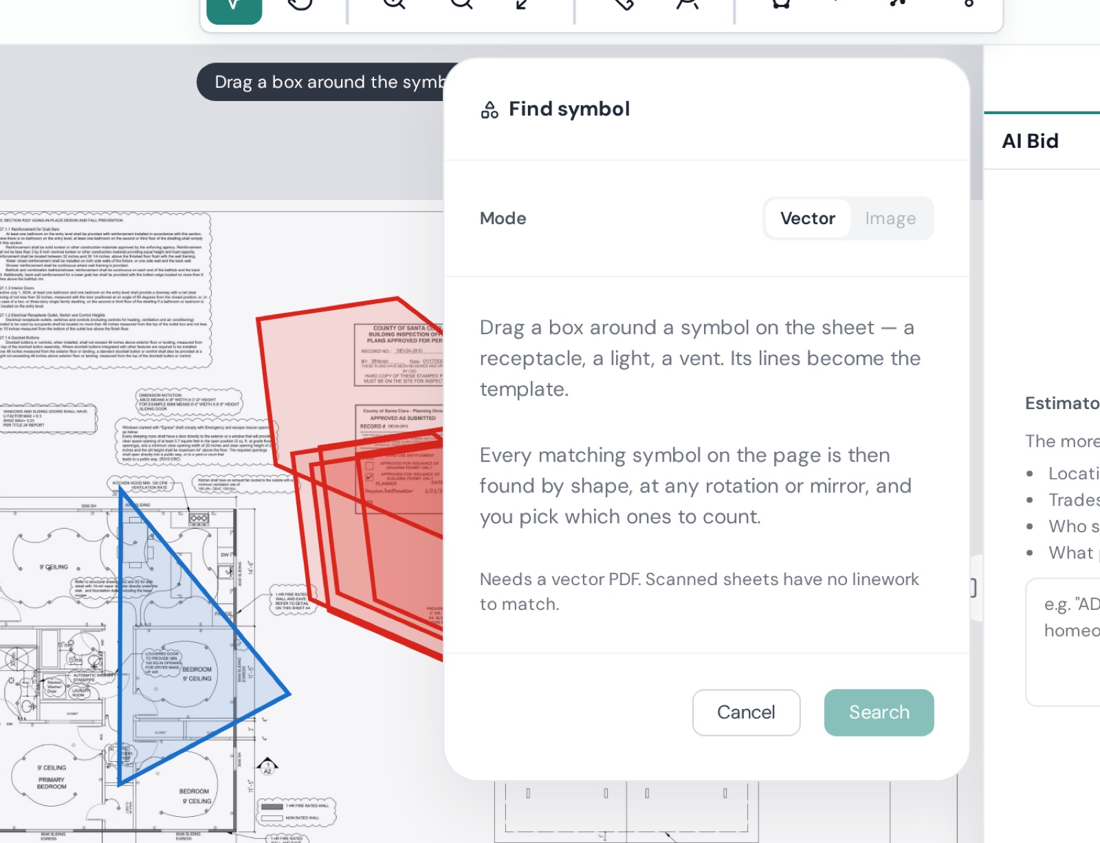 Find symbol panel: Vector / Image mode, 