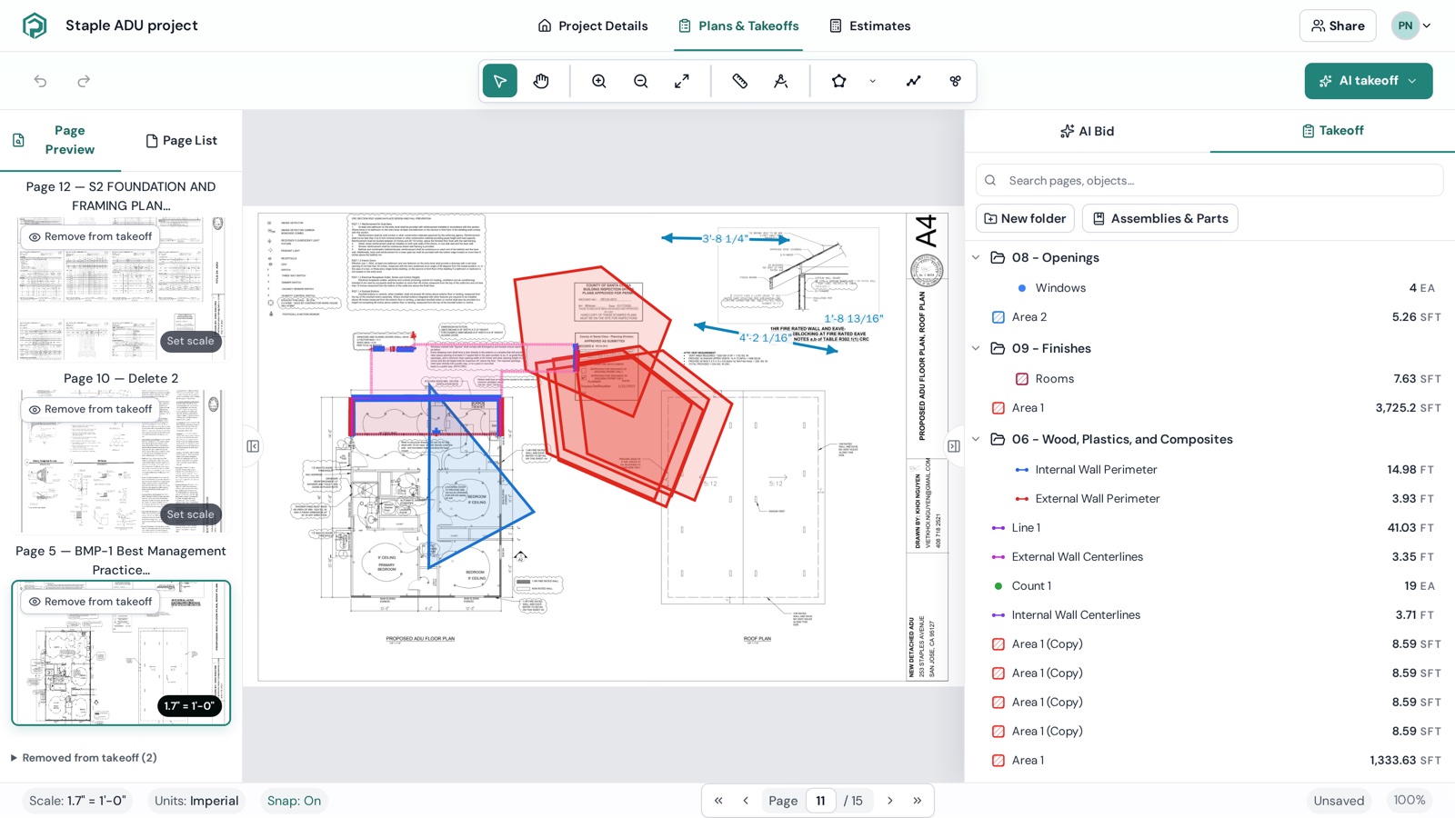 Results in the Takeoff tab: 08 – Openings › Windows 4 EA, 09 – Finishes › Rooms, 06 – Wood, Plastics, and Composites › Internal / External Wall Perimeter — and the detected walls and rooms drawn on the plan