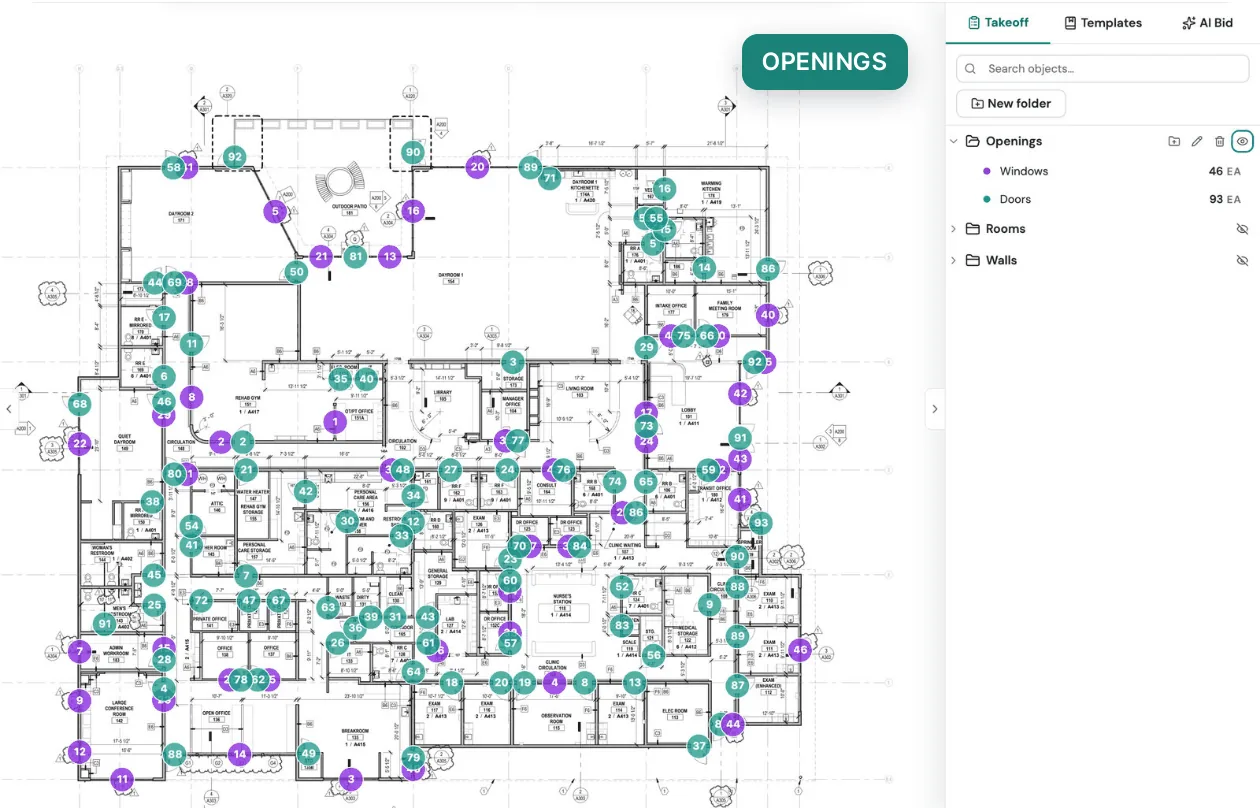AI floorplan results on a commercial floor plan, shown in turn: openings, rooms and walls, each listed in the Takeoff panel