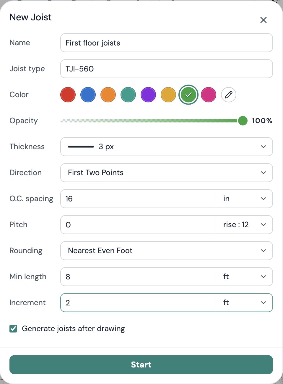 The New Joist dialog filled in: name First floor joists, joist type TJI-560, First Two Points, 16 in O.C. spacing, pitch 0, Nearest Even Foot, min length 8 ft, increment 2 ft, and Generate joists after drawing ticked