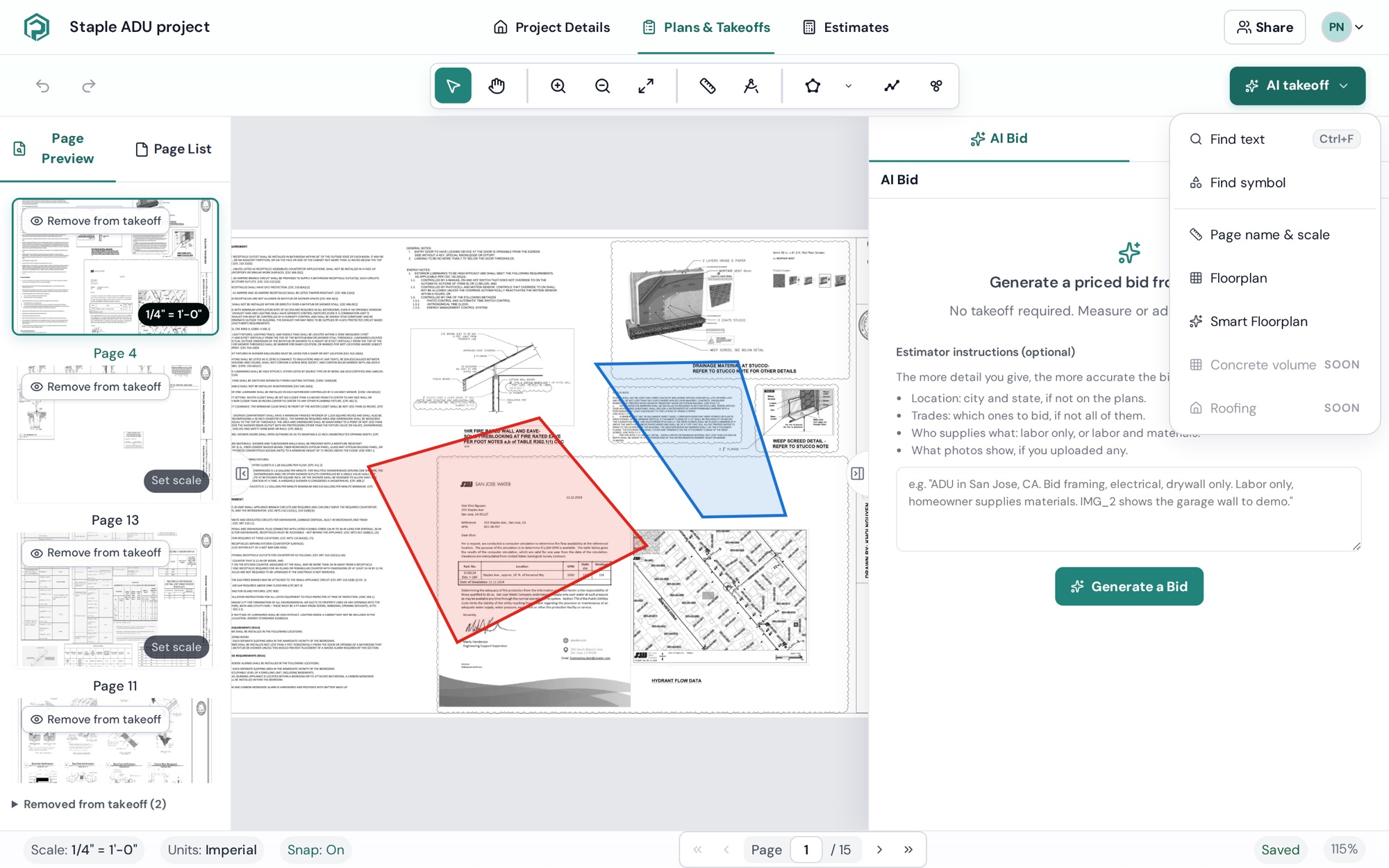 The AI takeoff menu: Find text, Find symbol, Page name & scale, Floorplan, Smart Floorplan, and coming-soon items