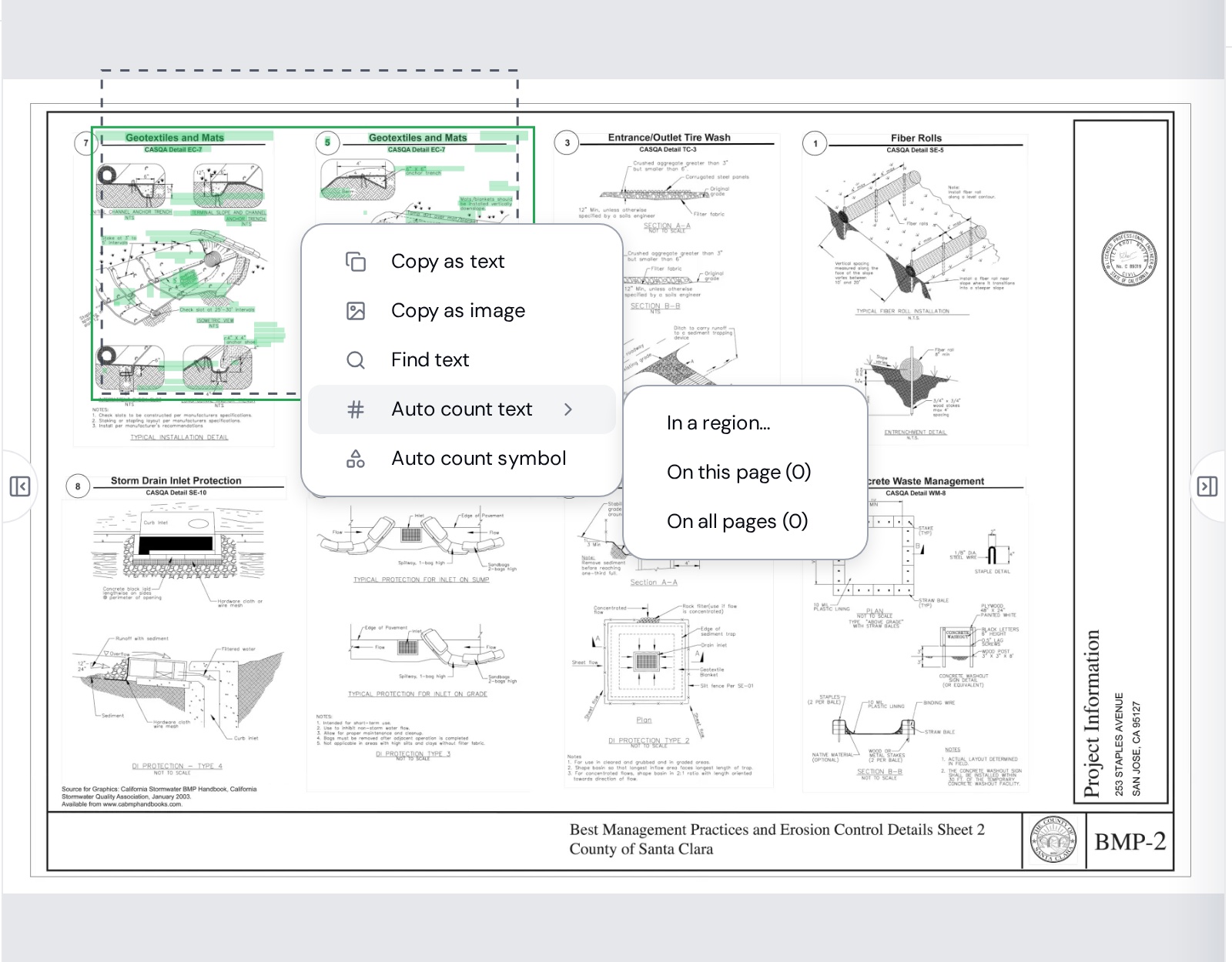 A boxed area on a detail sheet with the right-click menu: Copy as text, Copy as image, Find text, Auto count text (In a region… / On this page / On all pages), Auto count symbol