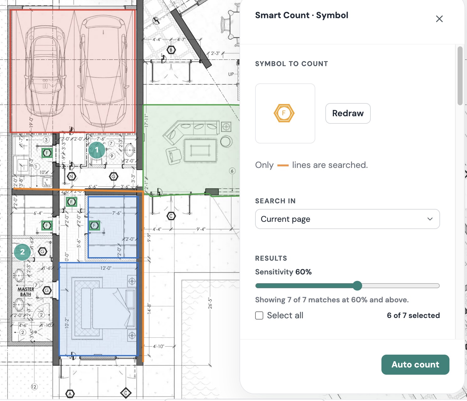 The Smart Count · Symbol panel with a boxed door tag under Symbol to count, Search in set to Current page, Sensitivity at 60% showing 7 of 7 matches, and every matching tag outlined on the plan