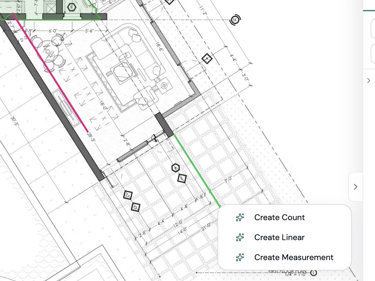 Move mode: one plan line picked in green, with its right-click menu showing Create Count, Create Linear and Create Measurement