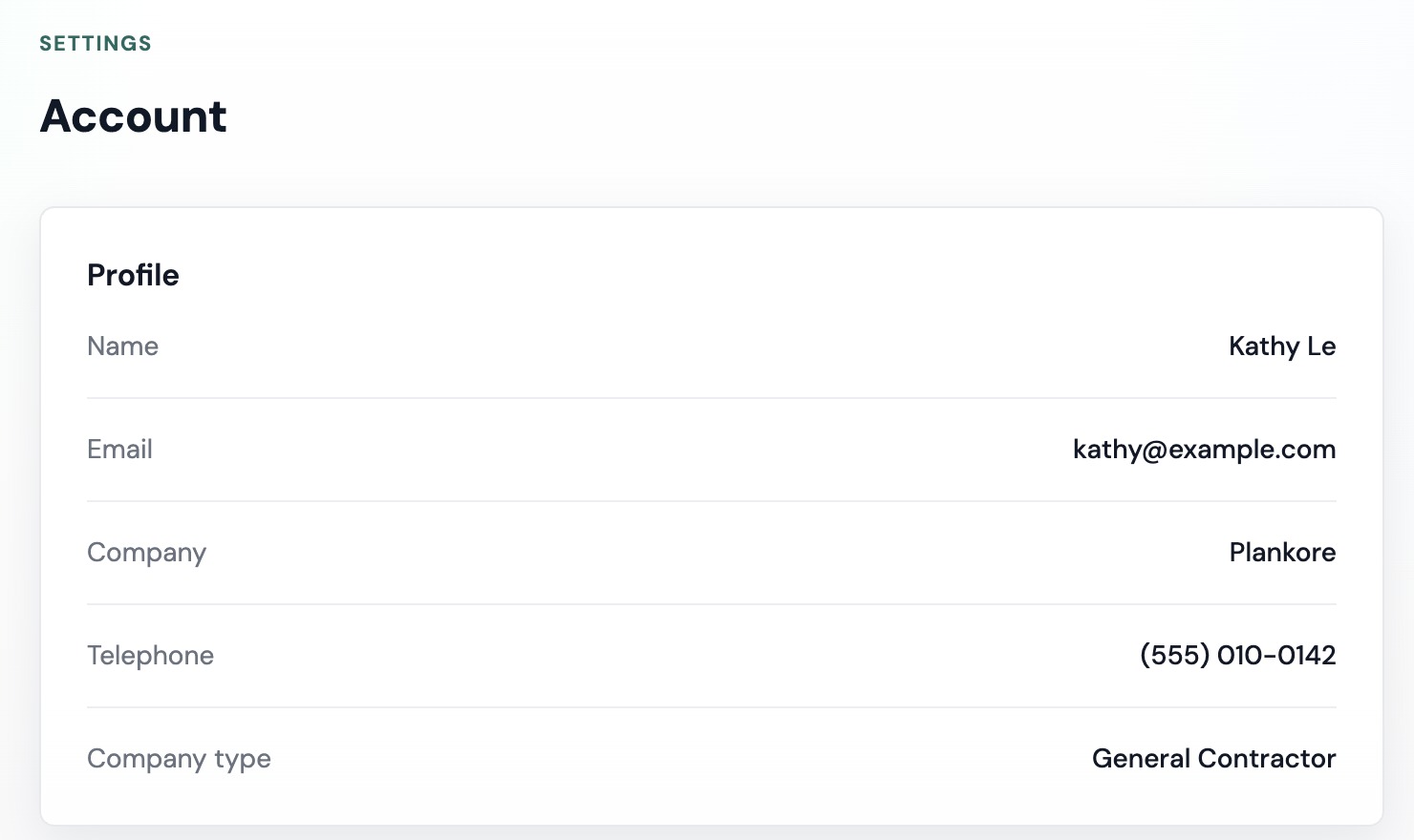 The Account page Profile card: Name, Email, Company, Telephone and Company type