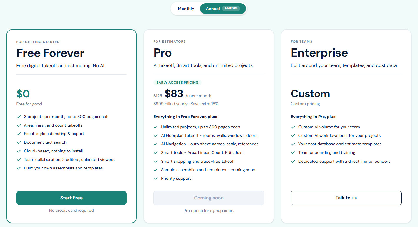Choose your plan: Free Forever and Pro cards with the Monthly / Annual toggle