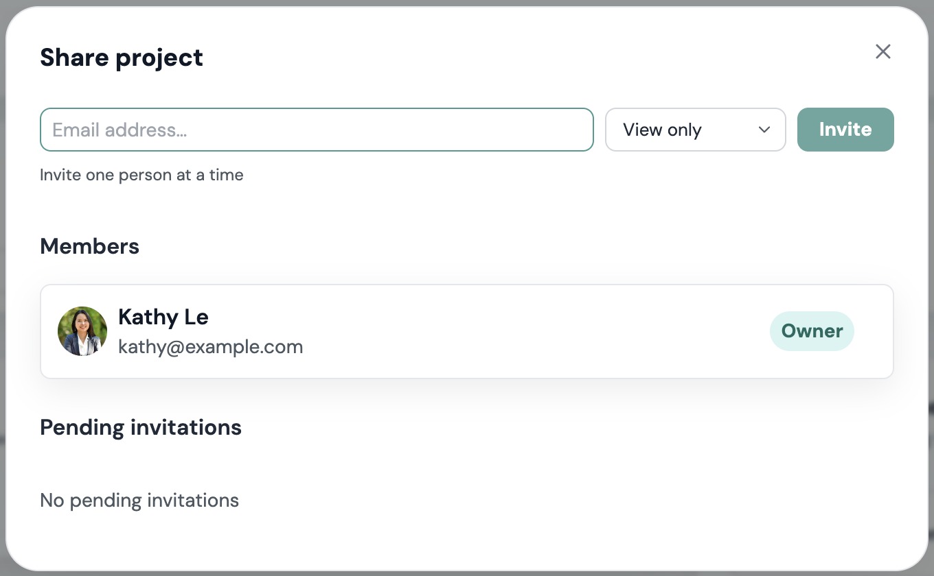 The Share project dialog: Email address field, View only menu, Invite button, and the Members list