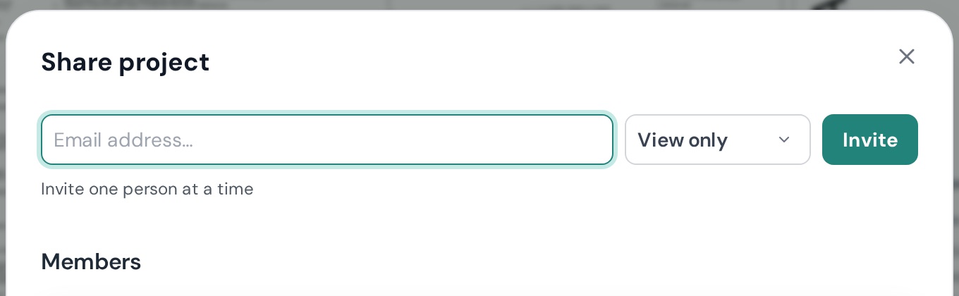 The Share project dialog: email field, access level, Invite