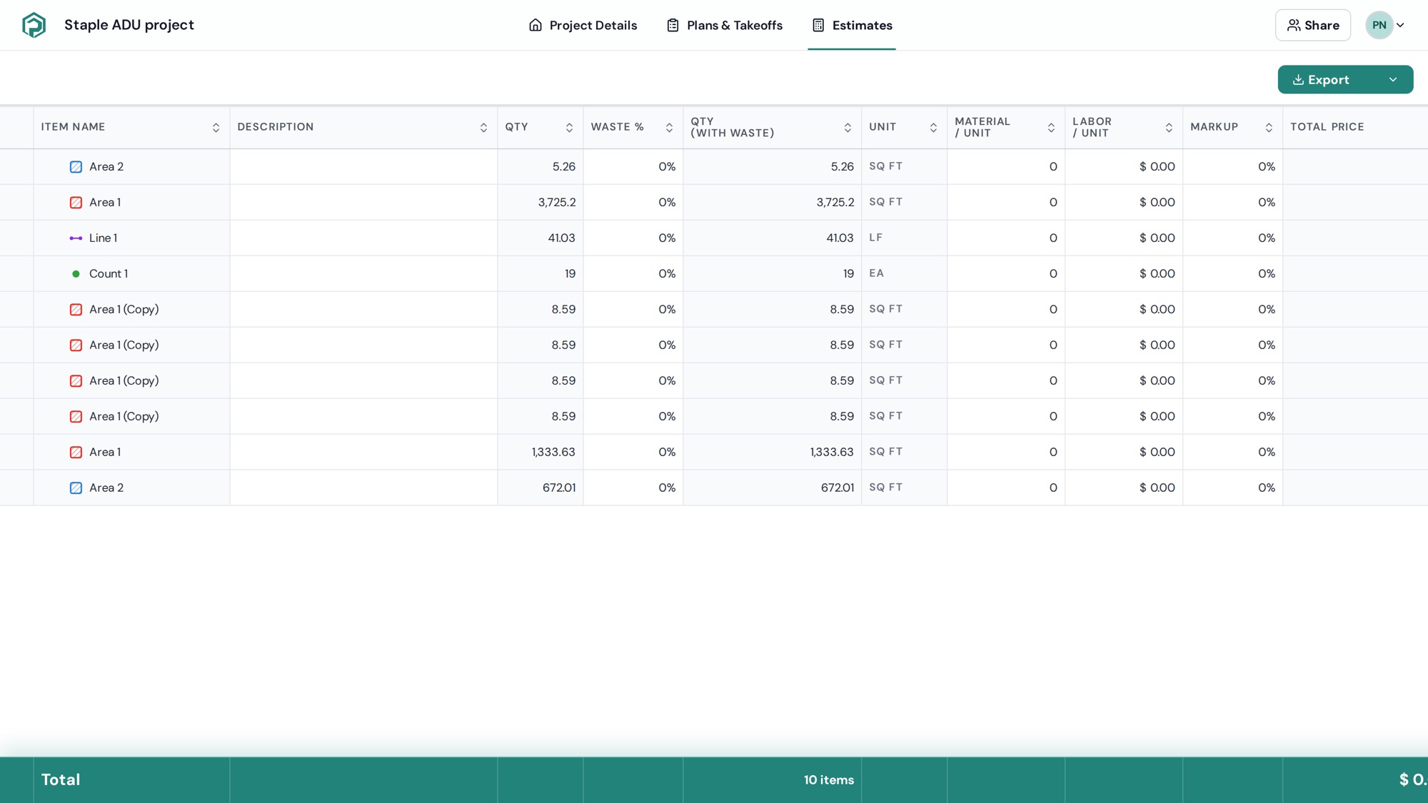 The Estimates table: item name, qty, waste, unit, material and labor per unit, markup, and the Total row
