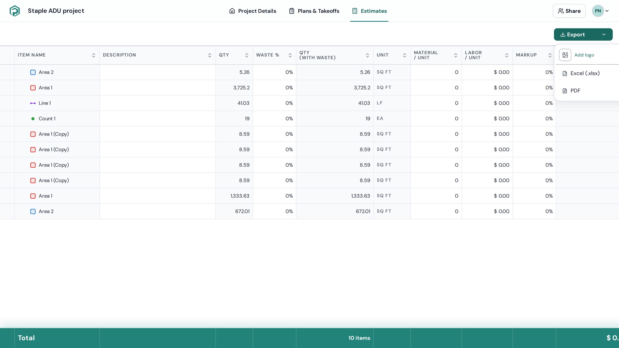 The Export menu with Excel (.xlsx) and PDF