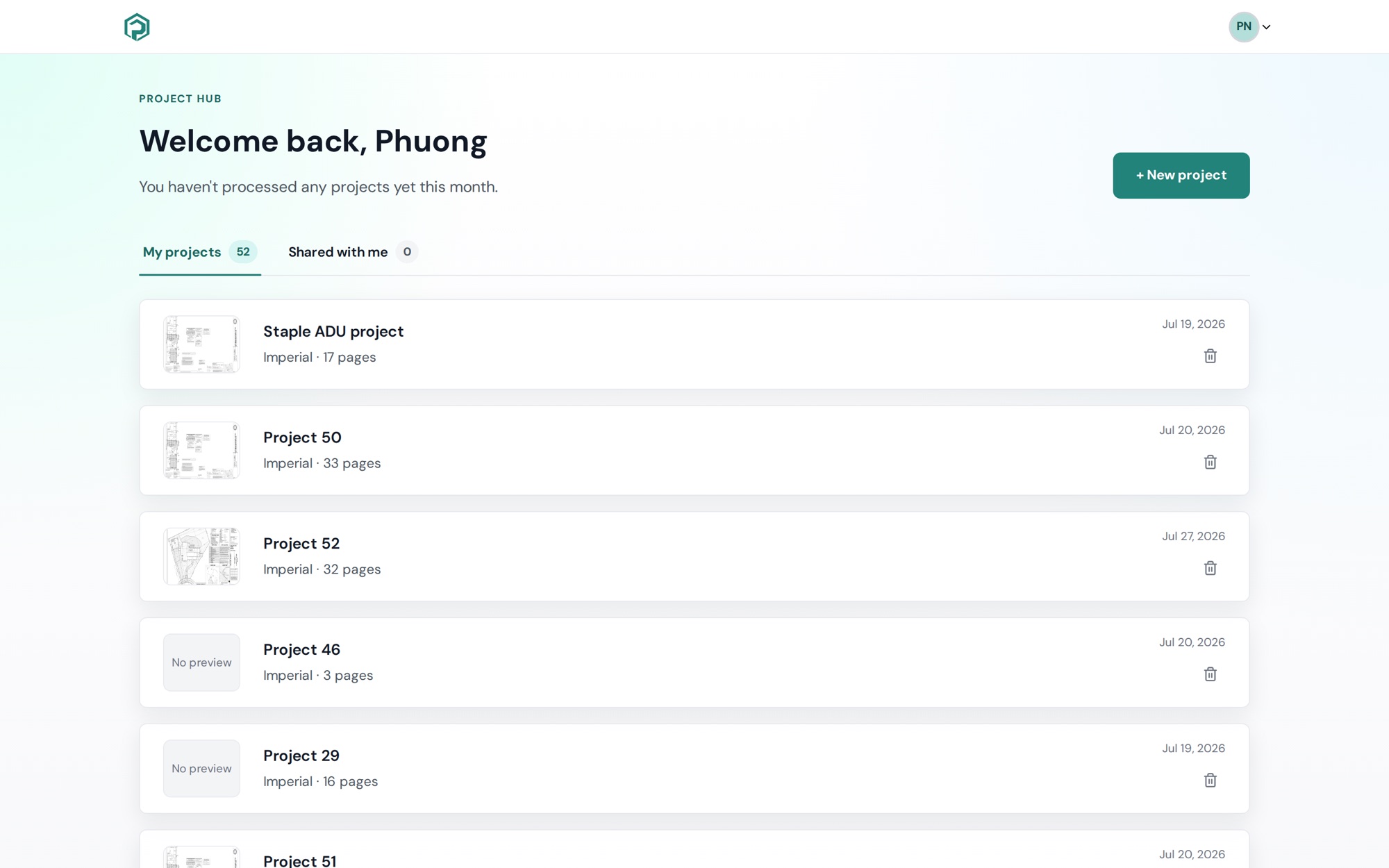 The dashboard with the New project button and project cards