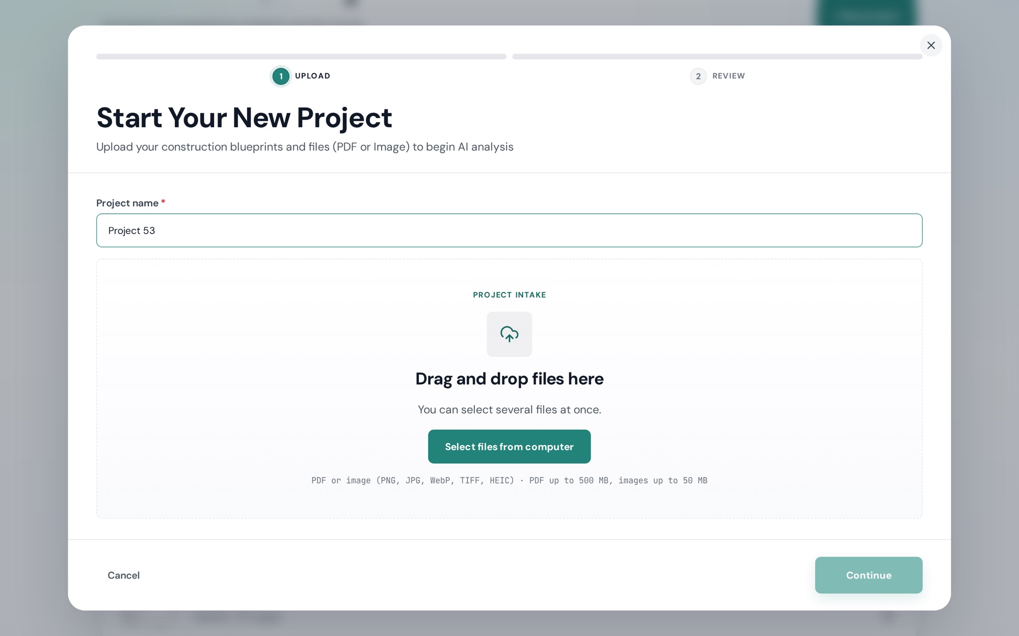 Step 1 of the new-project wizard: project name and the file drop area