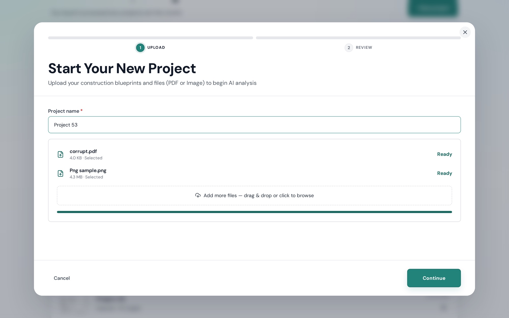 Two files selected in the wizard, with Add more files and Continue