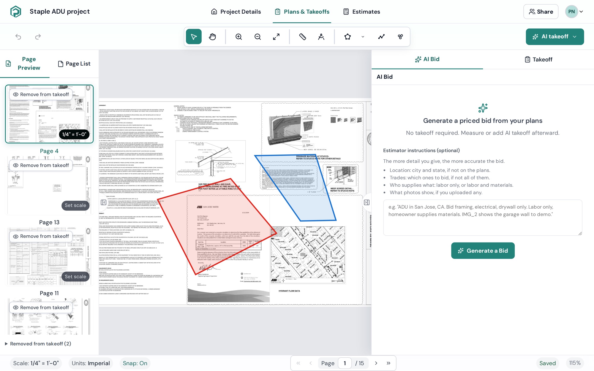 The project workspace: section nav on top, pages on the left, canvas in the middle, Takeoff/AI Bid on the right, status bar at the bottom