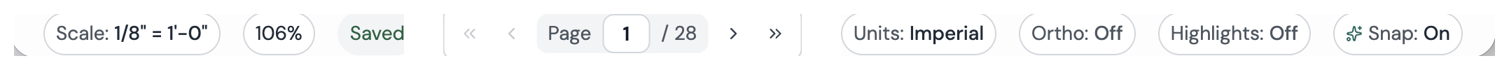 The control bar: page scale, zoom and save status; page navigation; and the Units, Orthogonal, Highlights and Snap buttons