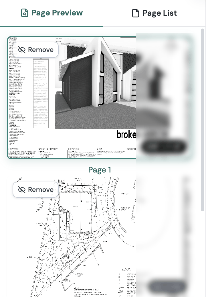 The left panel switching between Page Preview, showing sheet thumbnails with scale chips, and Page List, showing the same pages as a list