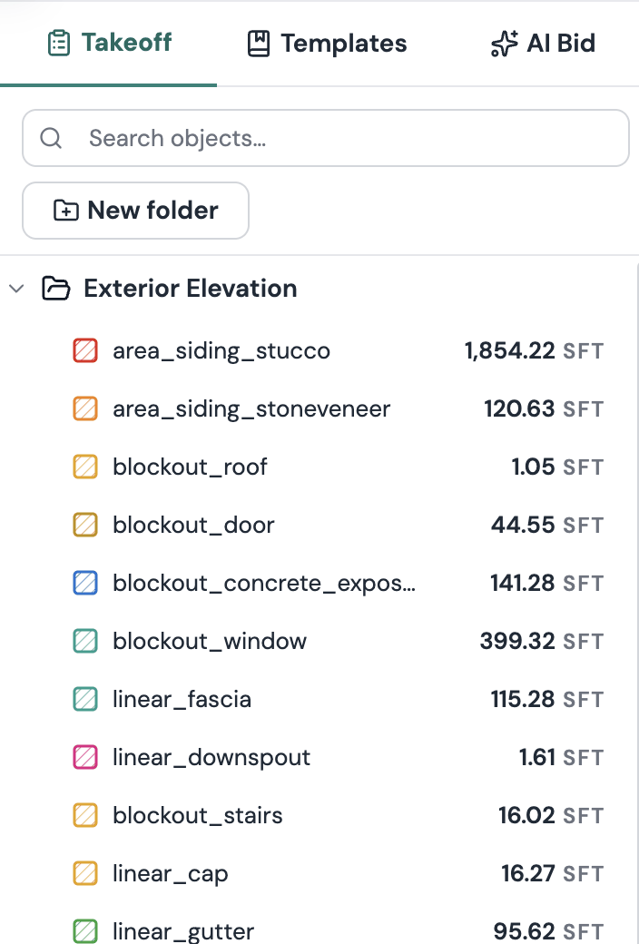 The right panel switching between the Takeoff tab, listing measured objects in folders, and the Templates tab