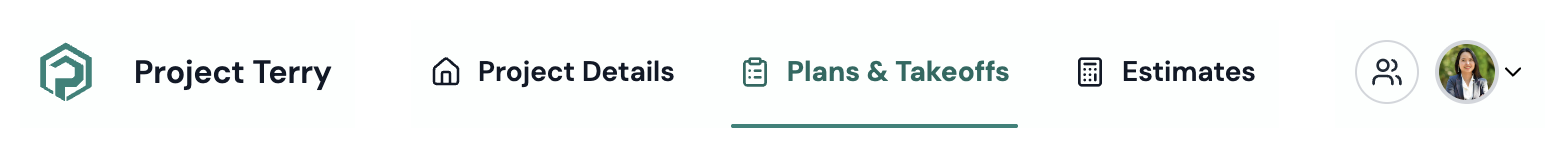 The top navigation: the Plankore logo and project name, the Project Details, Plans & Takeoffs and Estimates tabs, and the Share icon with your avatar