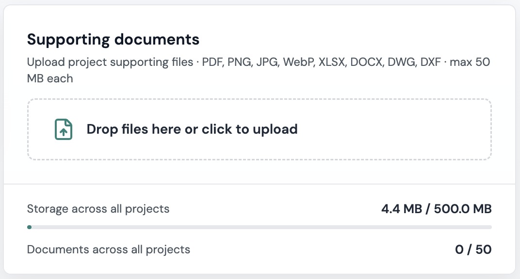 The Supporting documents card: the drop zone reading Drop files here or click to upload, and the Storage across all projects and Documents across all projects bars