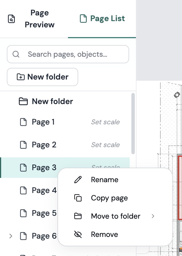 Page List: the right-click menu on a page with Rename, Copy page, Move to folder and Remove
