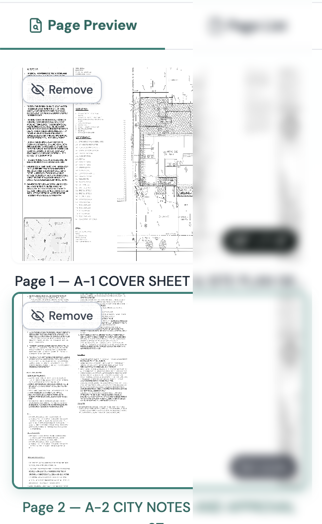 Page Preview: each thumbnail has a Remove button, and removed pages collect under Removed with a Restore button