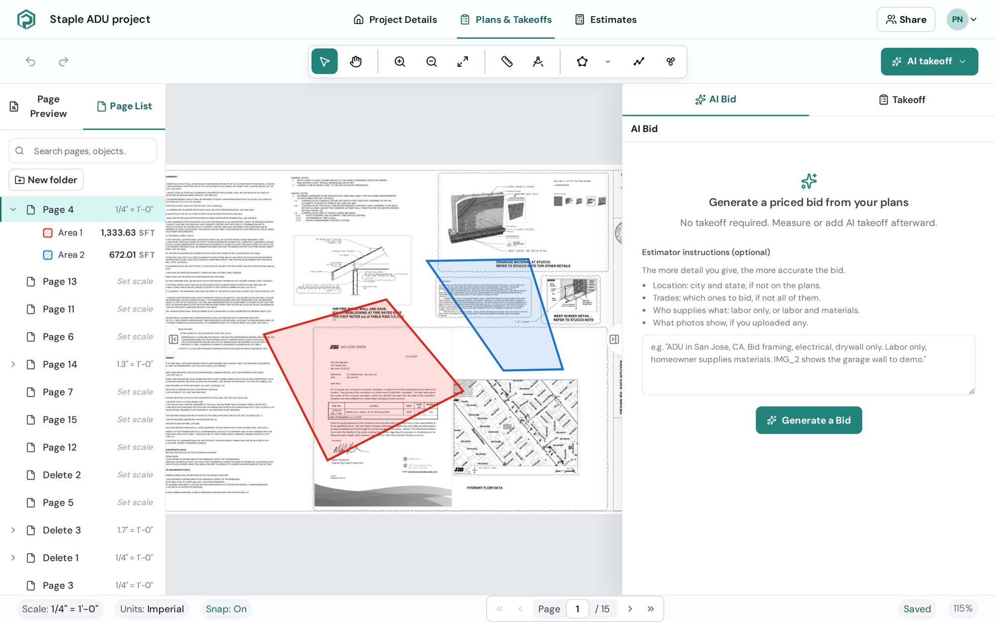 Page List: pages with their scales, objects nested under a page, New folder and search