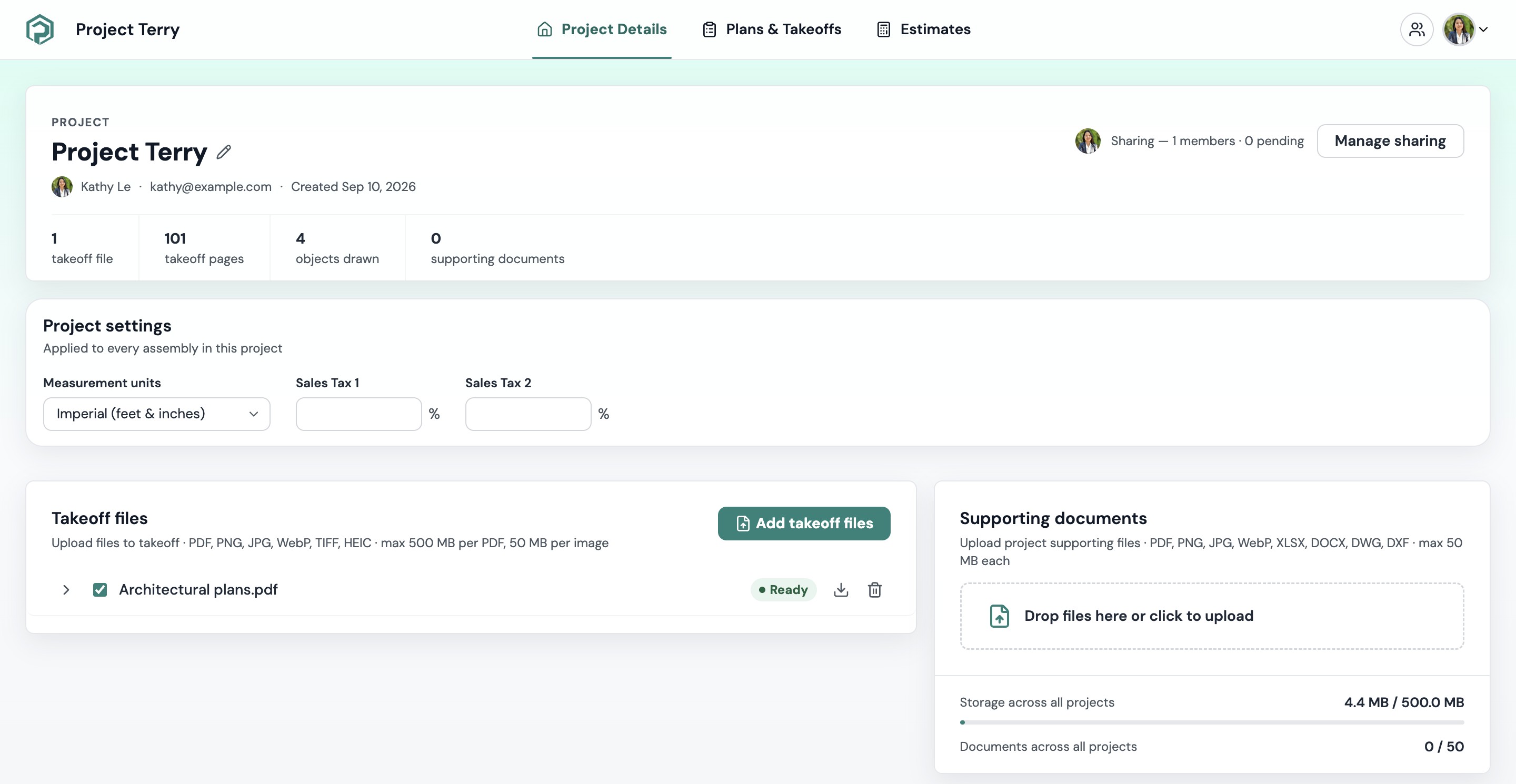 The Project Details tab, with the project name and sharing at the top, then the Project settings, Takeoff files and Supporting documents cards