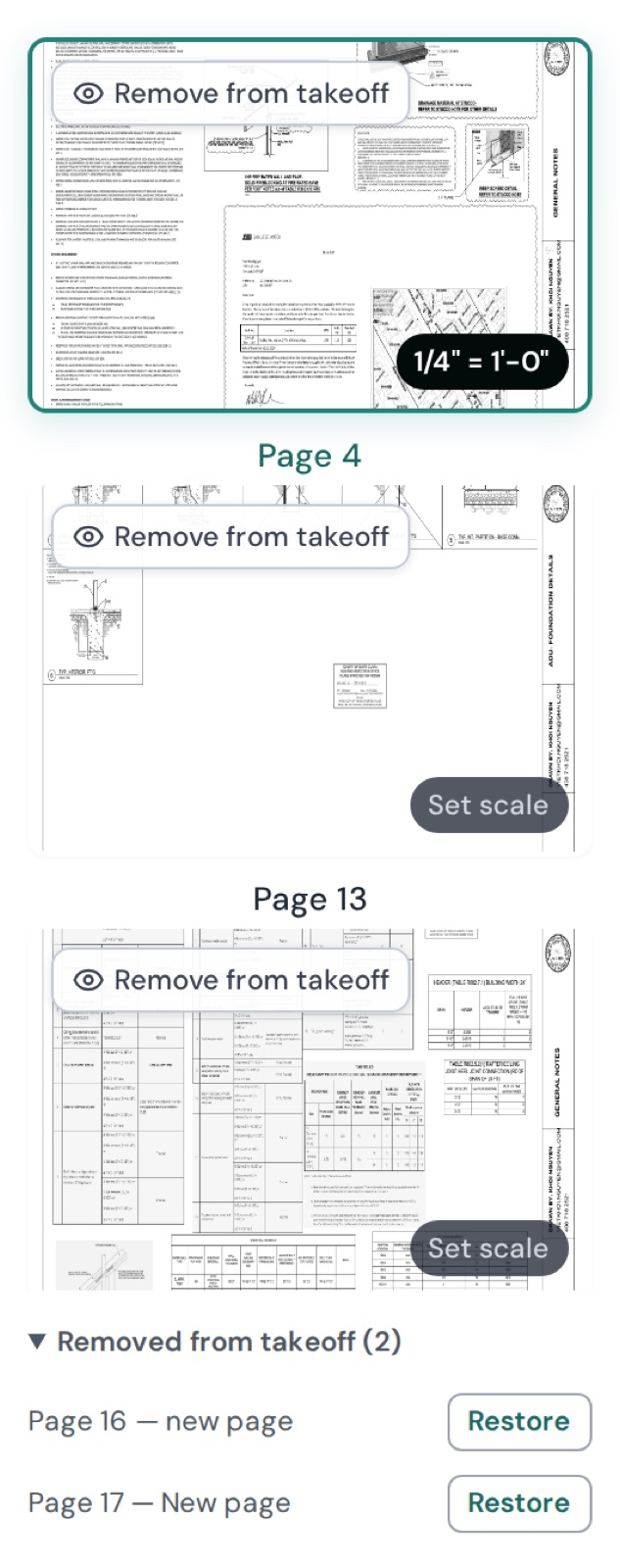Page Preview panel: each thumbnail has a Remove from takeoff button; removed pages collect under 