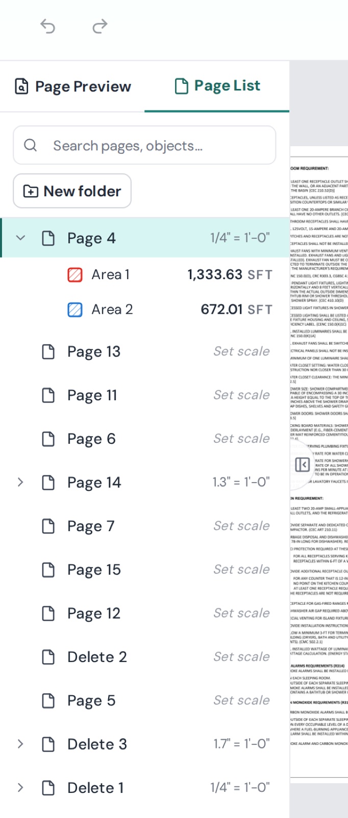 Page List tab: files with a checkbox per page — untick a page to hide it from the takeoff
