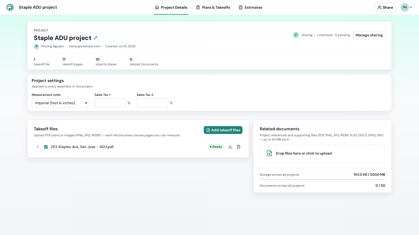 The Project Details page: project name and sharing at the top, then Project settings, Takeoff files and Related documents cards