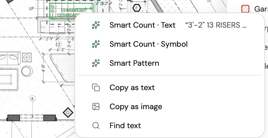 A box drawn around a stair note, with the right-click menu: Smart Count · Text, Smart Count · Symbol, Smart Pattern, Copy as text, Copy as image and Find text