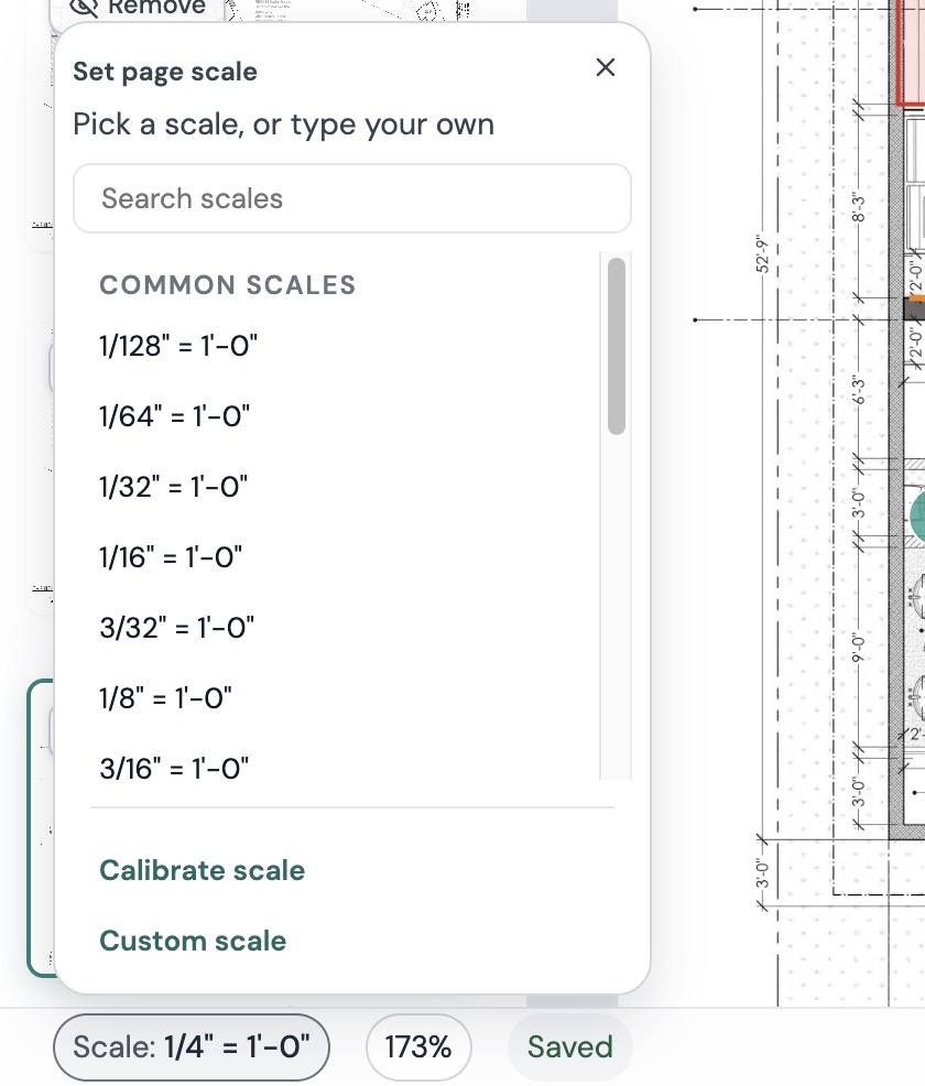The Set page scale panel opened from Scale in the control bar, with Search scales, Common scales, Calibrate scale and Custom scale