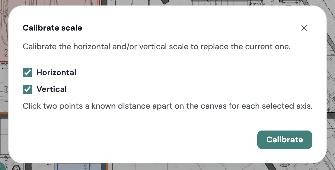 The Calibrate scale dialog with Horizontal and Vertical ticked and the Calibrate button