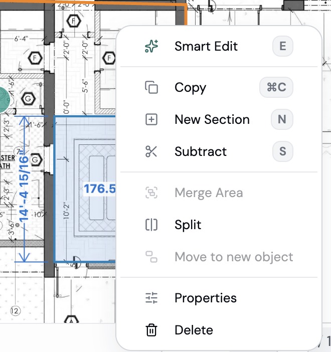 Right-click menu on the bedroom area: Smart Edit, Copy, New Section, Subtract, Merge Area, Split, Move to new object, Properties and Delete