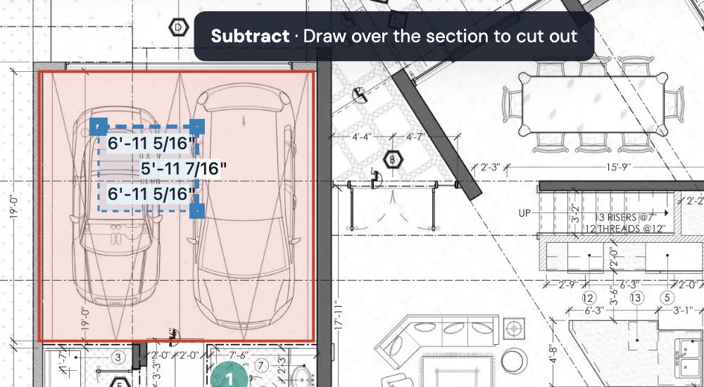 Subtract in progress: the hint at the top and a cutout being drawn inside the garage