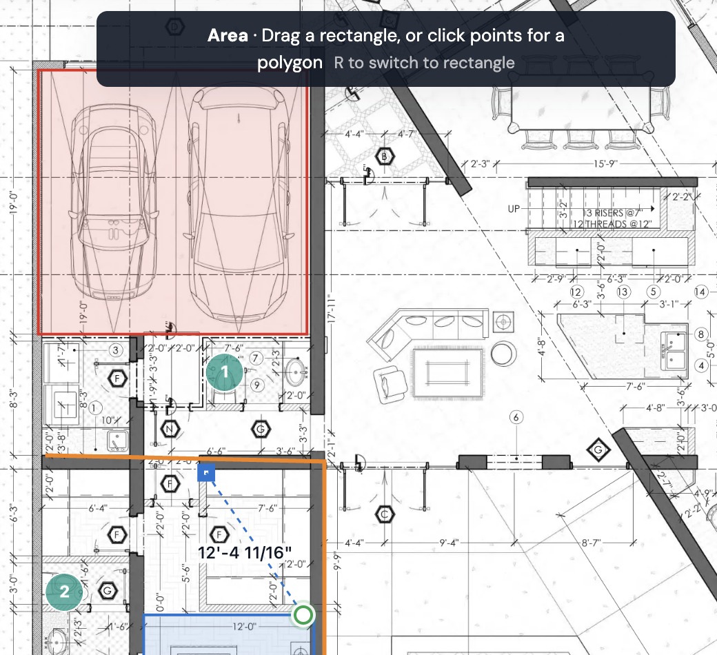 Drawing with Area: the hint at the top and the length of the first edge next to the cursor