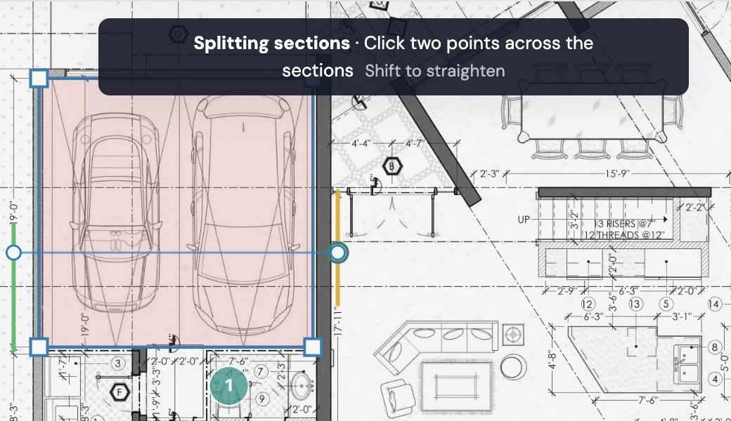 Split in progress: a cut line across the garage and the hint Click two points across the sections