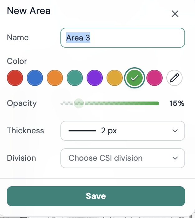 The popup that names the new object, with Name, Color, Opacity, Thickness, Division and Save